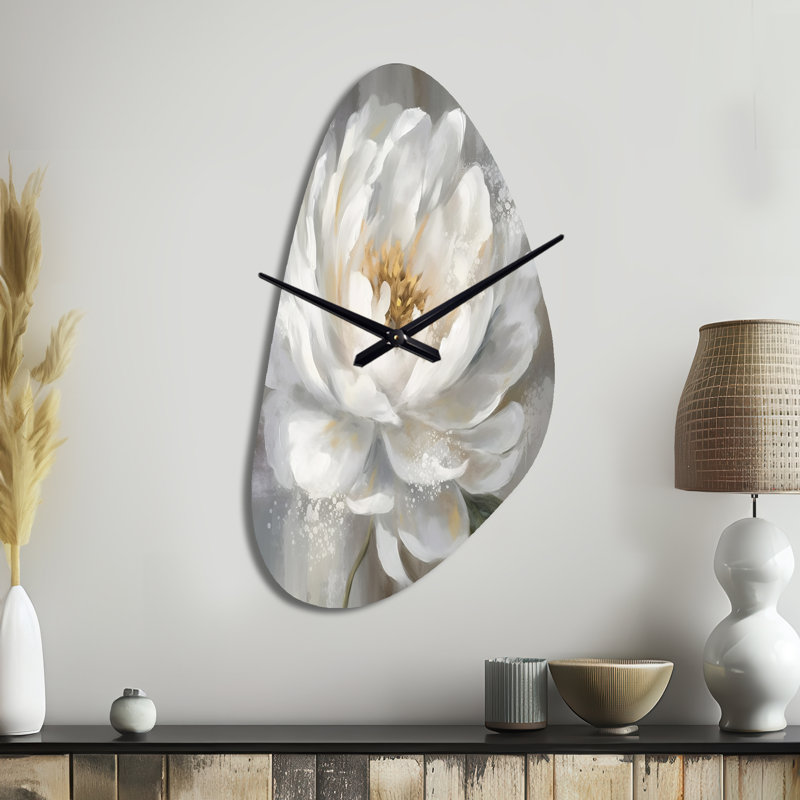 Pivoine blanche, art de pivoines - horloge murale asymétrique en métal, impression d'horloge murale moderne, Moyenne