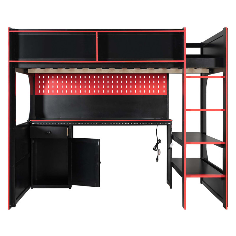 Lit mezzanine Modern Gaming avec bureau intégré et éclairage DEL, Black;Red