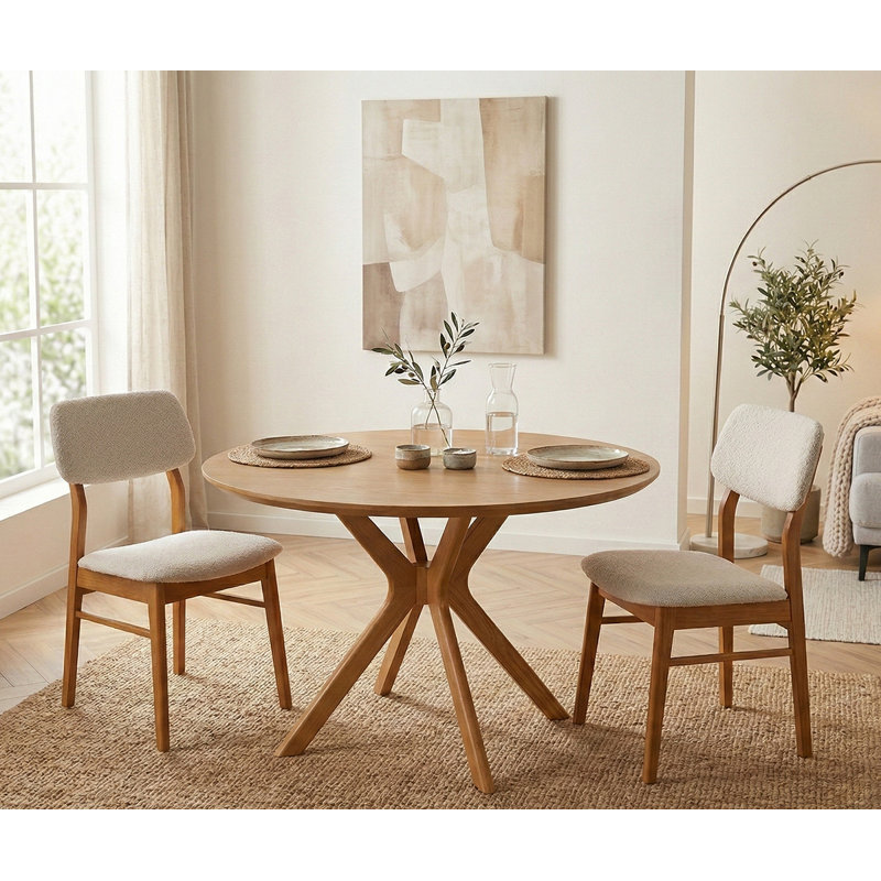 Joy Upholstered Back Parsons Dining Chair Boucle White, Set of 2, Solid Frame, 47cm Seating Height, Oak