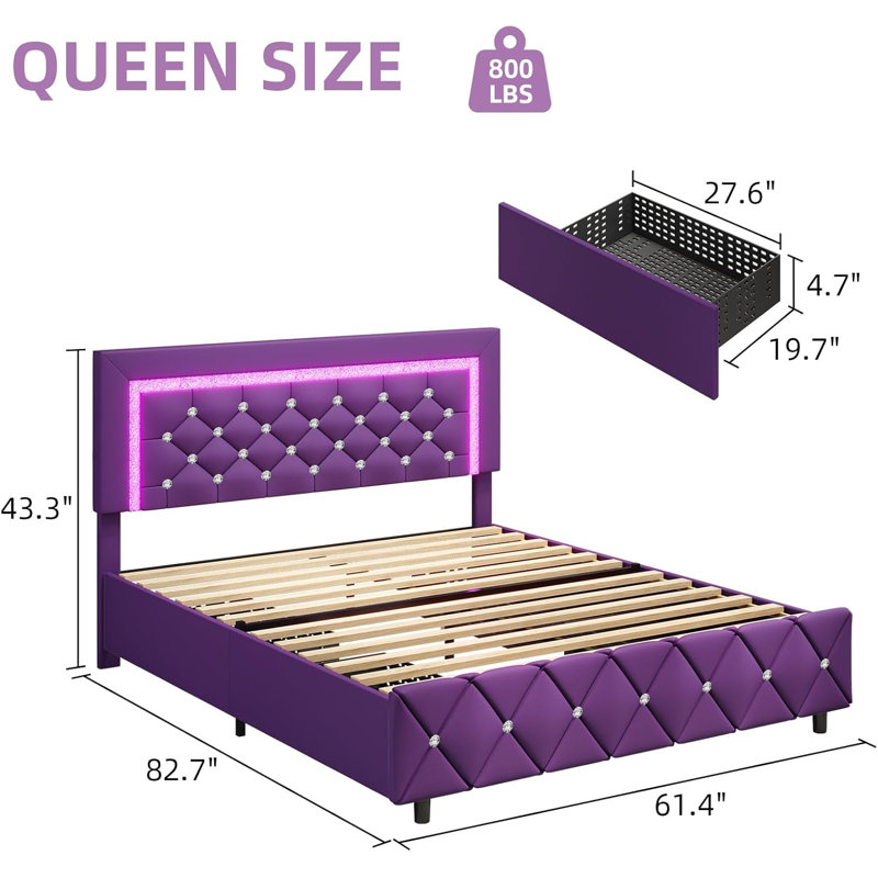 Structure de lit plateforme tapissier avec lumières DEL et 4 tiroirs de rangement - Tête et pied de lit capitonnés en losange, mobilier de chambre moderne