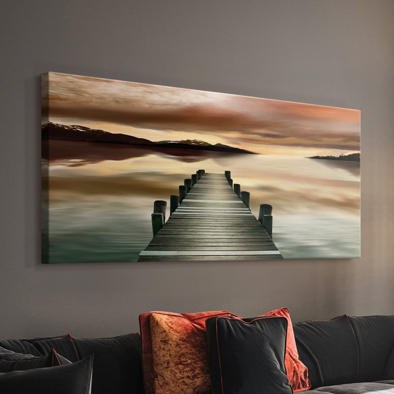 Jetée au coucher du soleil - Toile tendue avec châssis - Prêt à accrocher, H 24 po x l 48 po