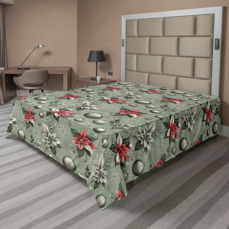 Drap plat moderne de style bohème Ambesonne, Vert laurier / corail / motif floral gris