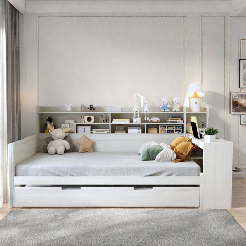 Multifunctional Wooden Daybed With Storage Shelves, Study Desk And Trundle, White, Full