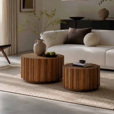 19.7"+27.5" Round Nesting Coffee Table Set Of 2, Walnut Wood Accent Tables With Vertical Slatted Body, Rustic Farmhouse Side Tables For Living Room
