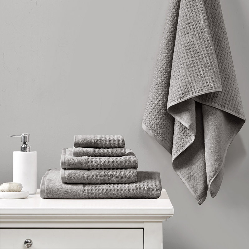 Cotton Waffle Jacquard Antimicrobial Bath Towel 6 Piece Set, Charcoal