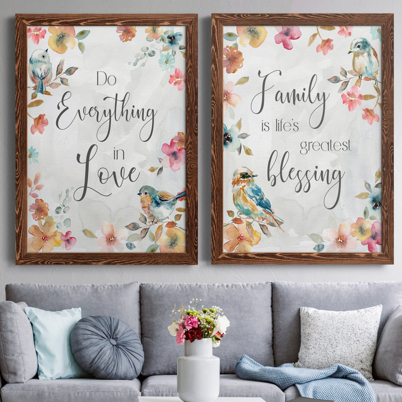 «Spring Bird Love», ensemble de 2 encadrements d'art textuel sur toile, Cadre en érable, H 20 po x l 34 po x P 1,5 po