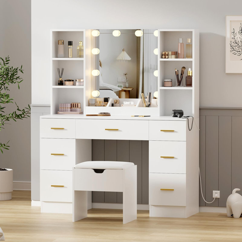 Bureau de maquillage avec miroir lumineux, grand ensemble de coiffeuse brun, 3 modes de couleur, prise de courant et ports USB, 7 tiroirs, coiffeuse avec banc de rangement, meuble-lavabo rustique pour chambre à coucher