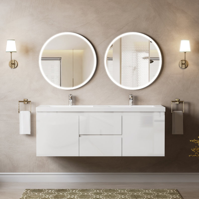 Meuble-lavabo flottant en contreplaqué blanc luxueux avec double lavabo encastré pour salle de bain moderne