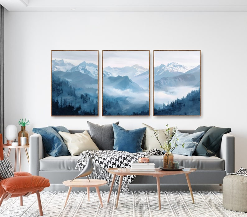 Aquarelle, impression de montagnes bleues, parc national, ensemble de 3 affiches, décor de chalet, Toile tendue