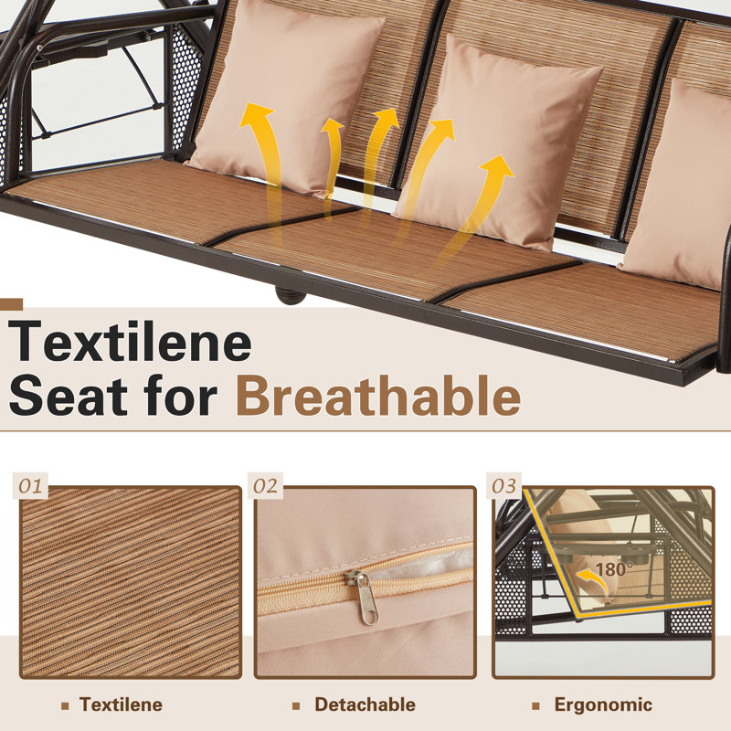 Brown 3-Person Patio Swing with Adjustable Canopy and Cup Holders