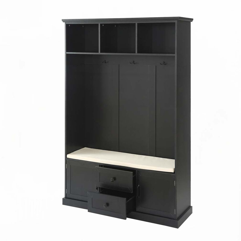 47.2"Wide Hall Tree with 3 Hooks , Coat Hanger, Entryway Bench, Storage Bench, Black