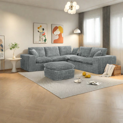 Modern Boucle L-shaped Sectionals, Grey, Cozy For Living Room With Ottoman