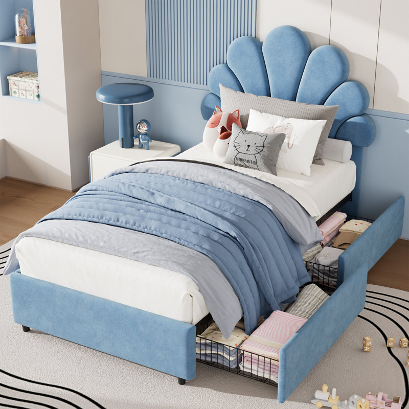 Tête de lit simple en velours de style princesse avec 2 tiroirs de rangement, support de lattes en bois massif, aucun sommier tapissier requis, assemblage facile, bleu
