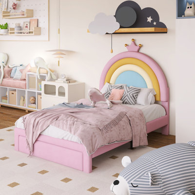 Wood Frame Twin Size Upholstered Rainbow Design Bed With Storage Drawer