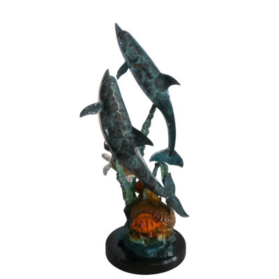 Large Bronze Dolphin Pair Ocean Scene Sculpture Marble Base 15"x18"x33"H