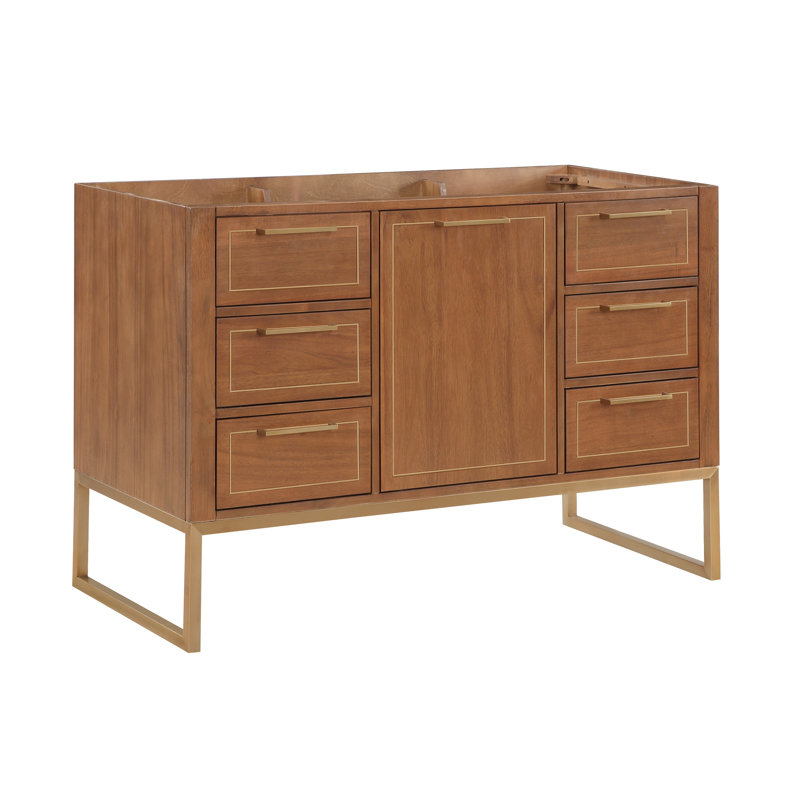 Markham 48'' W Single Vanity, White Quartz, Satin Brass, Walnut