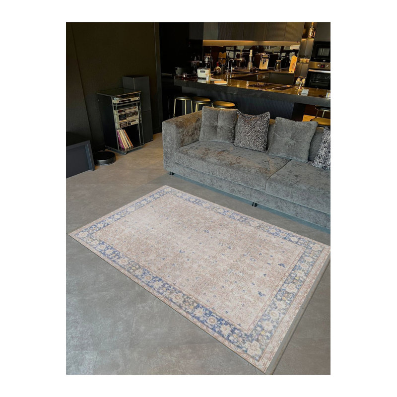 Tapis beige classique lavable à la machine à motif frontal classique bleu, Tapis de couloir 2 pi 6 po x 6 pi 7 po inclus