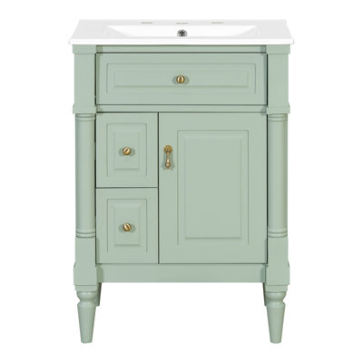 24 Inch Bathroom Vanity With Sink, Freestanding Bathroom Cabinet With Flip Drawer, Adjustable Shelf, Solid Rubberwood Frame, MDF Panels & Metal Handles