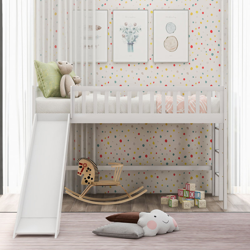Low Loft Bed With Slide, Twin, White