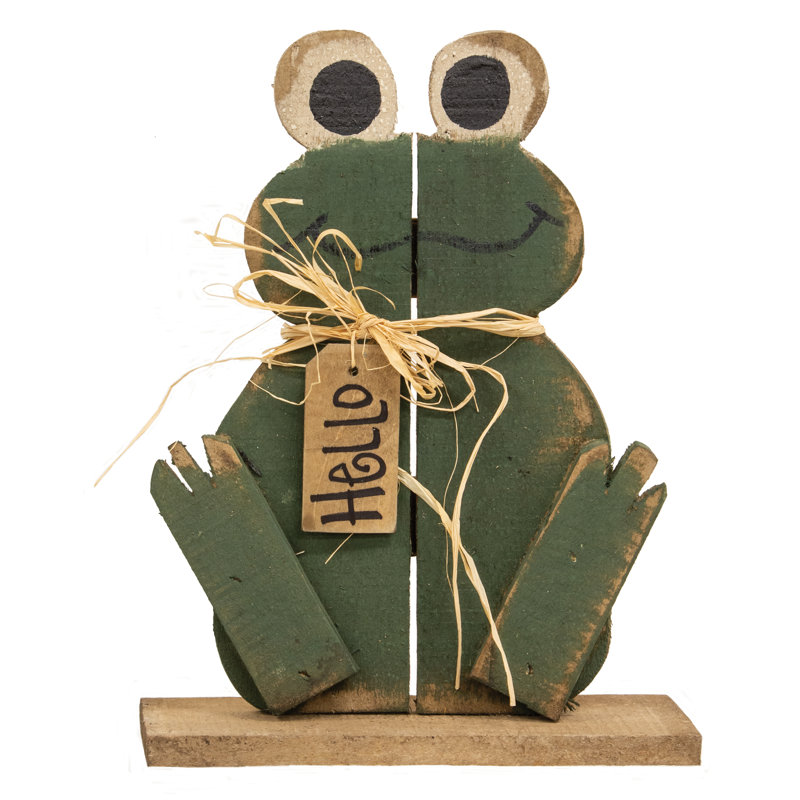 Grenouille en bois rustique assise "Hello"