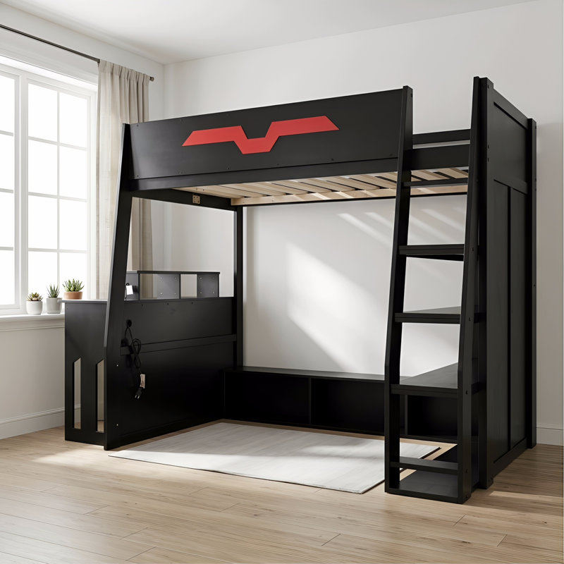 Lit mezzanine double en bois, Rouge
