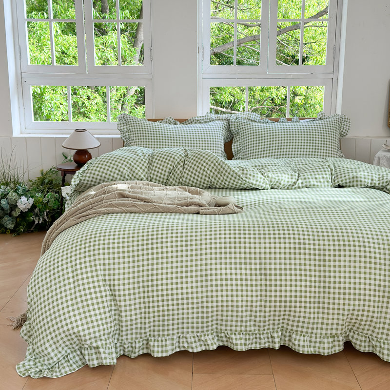 Ensemble de housse de couette à volants Gingham, ensemble de housse d'édredon à carreaux en microfibre prélavée, Grand lit