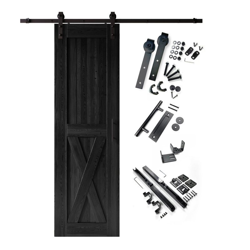 Homacer 96inch high black unassembled & finished x design barn door with single door non-bypass installation hardware kit, interior use only