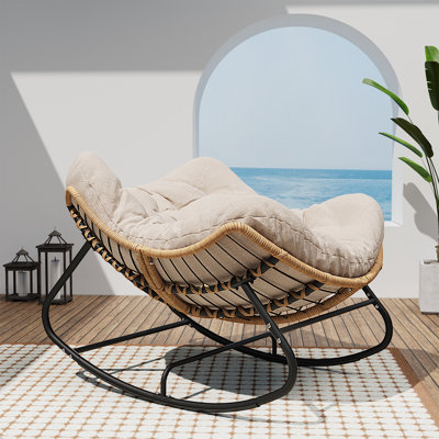 Modern Oversized Wicker Outdoor Rocking Chair with Papasan Design and Plush Cushion