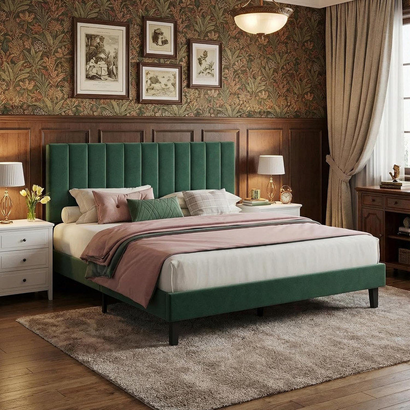 Lit plateforme tapissier avec tête de lit en velours, silencieux, sans sommier, assemblage en 20 minutes, Grand lit, Vert