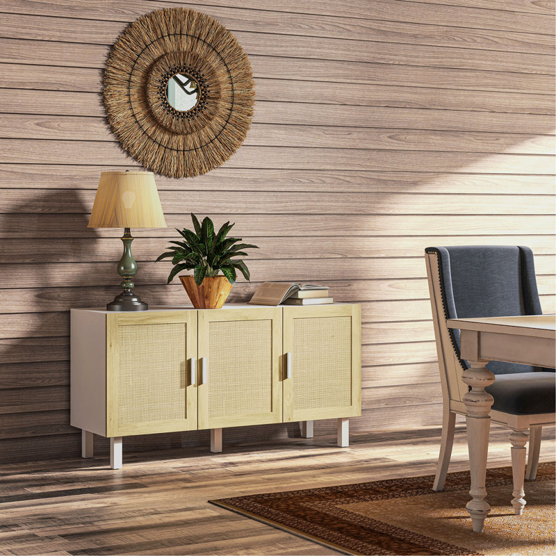 Sideboard Buffet Cabinet, Kitchen Cabinet, Coffee Bar Cabinet with 3 Rattan Doors, White/Natural