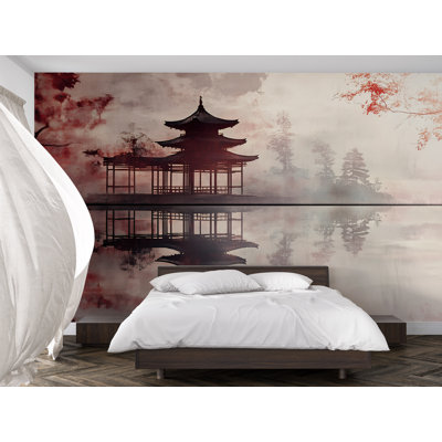 Japanese Pagoda Wallpaper With Reflections And Cherry Trees – Silhouette Art Wall Mural For Zen Spa, Bedroom Or Calm Modern Interior Accent