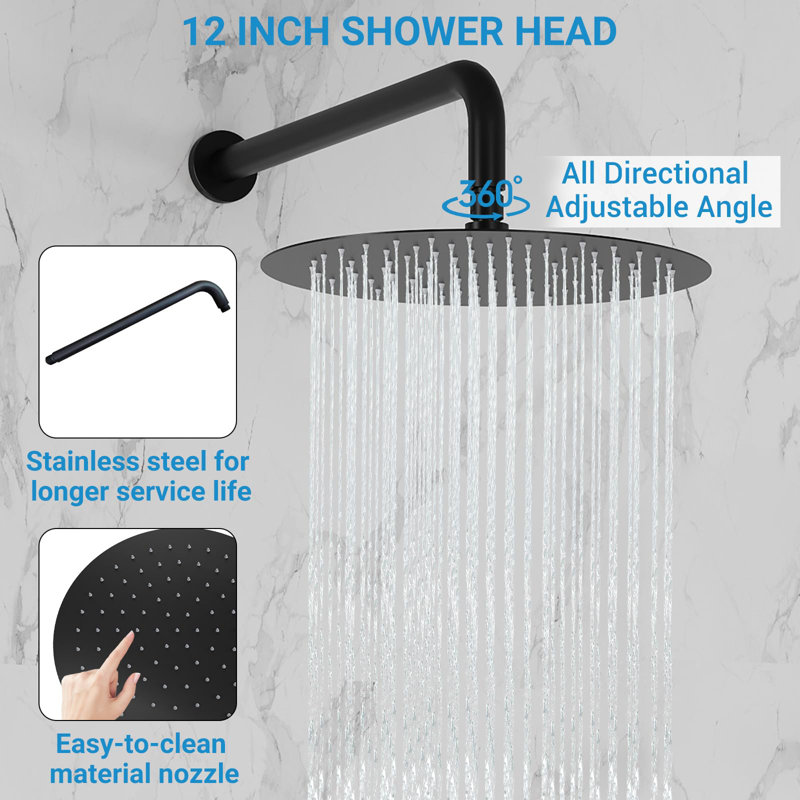 Shower Systems, 12" Rainfall Round Head And Handle Set, Shower Faucet Combo Kits, Wall Mounted Shower Fixtures, Matte Black
