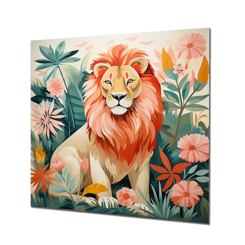 Décoration murale lion rose et vert en forêt I - Lion, H 16 po x l 16 po x P 1 po