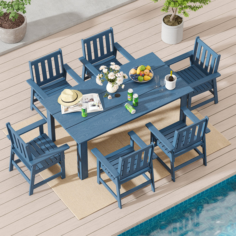 Rectangular HDPE Outdoor Dining Table With Umbrella Hole, Navy