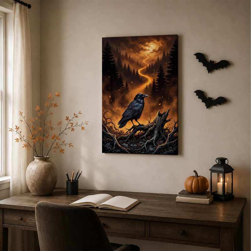 Corbeau noir sur racines noueuses, toile murale orange fluorescente pour l'Halloween, H 36 po x l 24 po