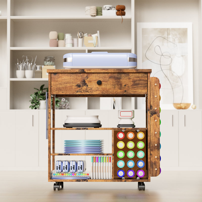 Craft Table Craft Cart Cricut Machine Crafting Cabinet Table for Craft Room, Brown/Black