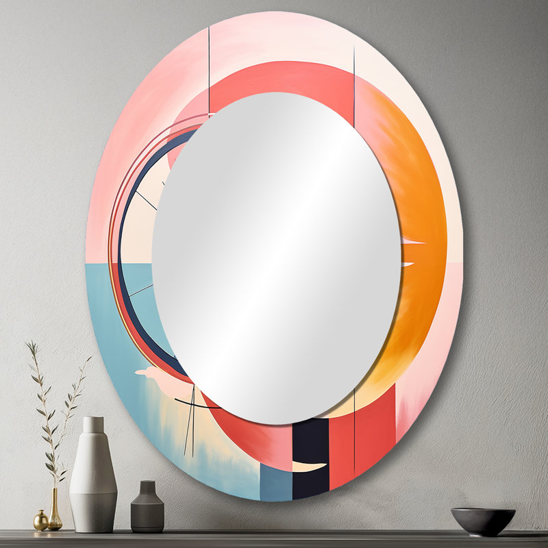 Abstrait lever de soleil paysage du milieu du siècle - grand miroir mural ovale sur métal, 43 po x 33 po