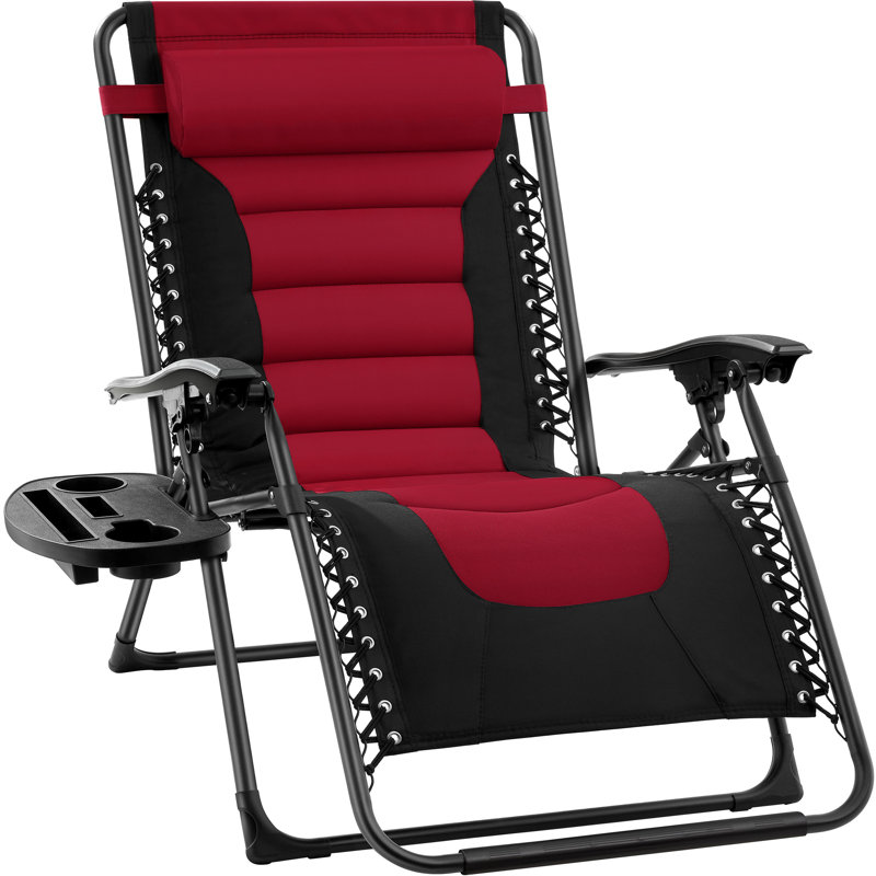 Danny-James Oversized Padded Zero Gravity Chair, Folding Outdoor Patio Recliner w/ Side Tray, Black/Burgundy