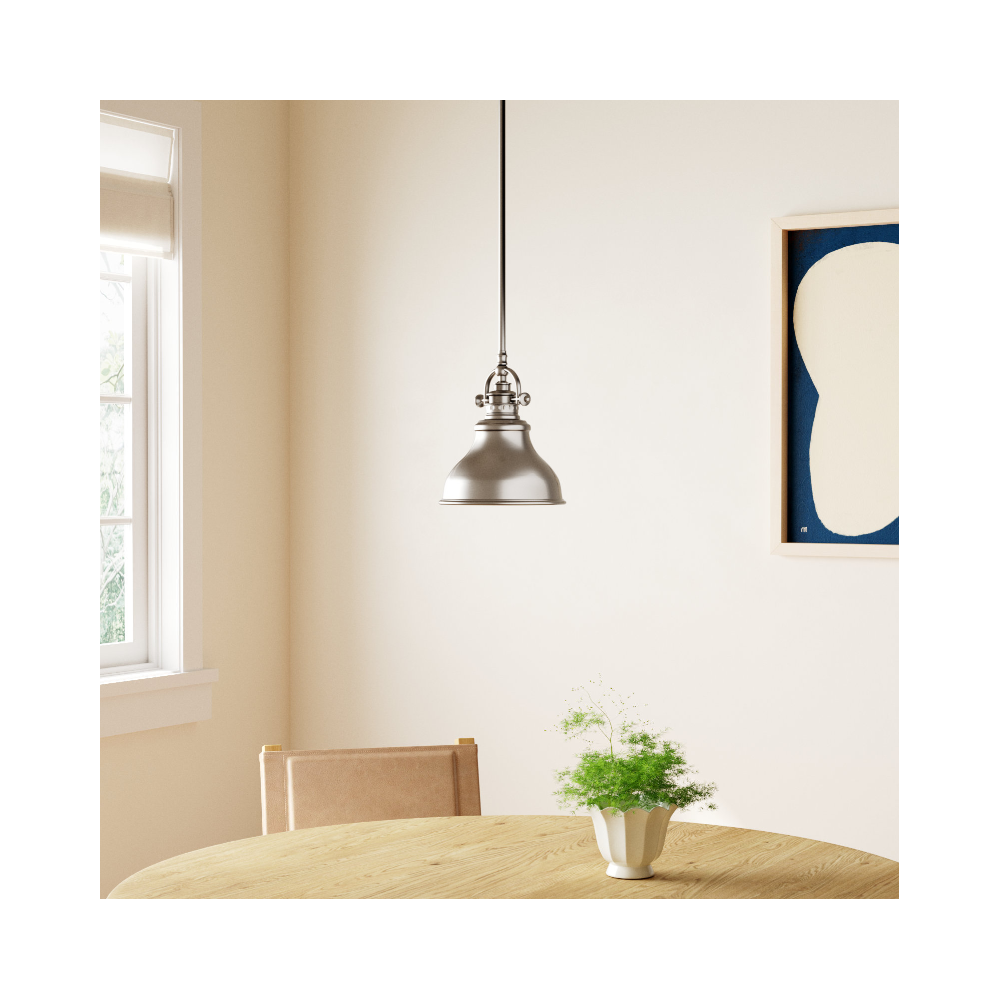 Single Light Metal Dimmable Pendant, 9" H x 8" W x 8" D, Brushed Nickel
