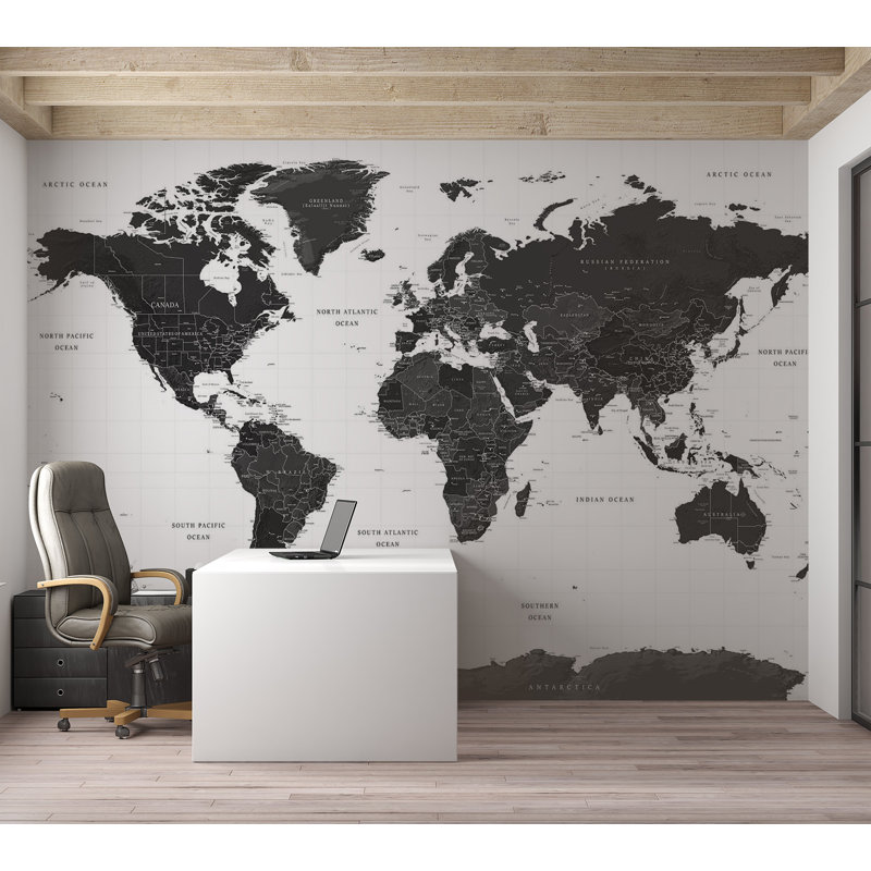 Papier peint carte du monde - carte en noir et blanc, L 59 po x L 41 po