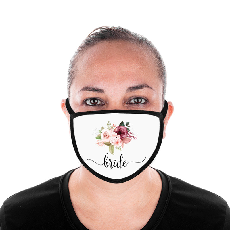 Masque de mariage, motif de mariée florale bourgogne et rose, masques faciaux en tissu blanc avec 1 filtre PM 2,5 remplaçable, paquet de 1