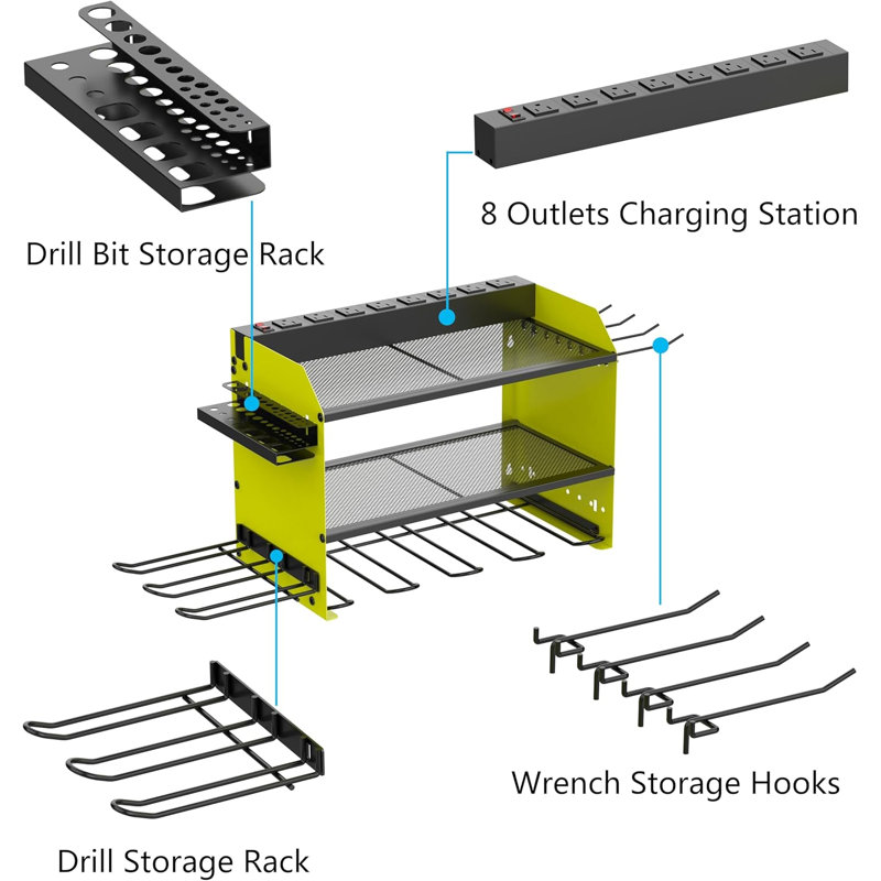 Wall Mounted Drill Organizer With Power Strip - Holds 4 Drills, Bits And Batteries