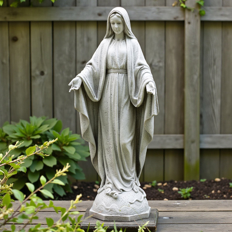 Statue de la Vierge Marie 24 pouces, sculpture de jardin en résine de pierre grise, décoration religieuse résistante aux intempéries