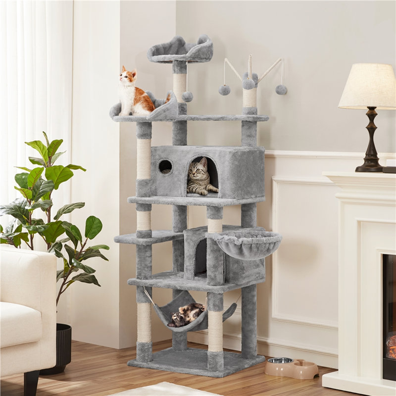 Tour pour chat 67 po à 2 niveaux avec 2 condos, Gris clair