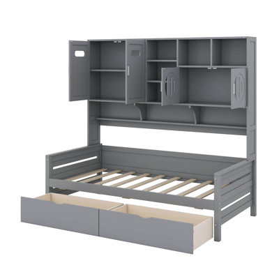 Twin Size Wooden Daybed With 2 Drawers, Cabinet And Shelves