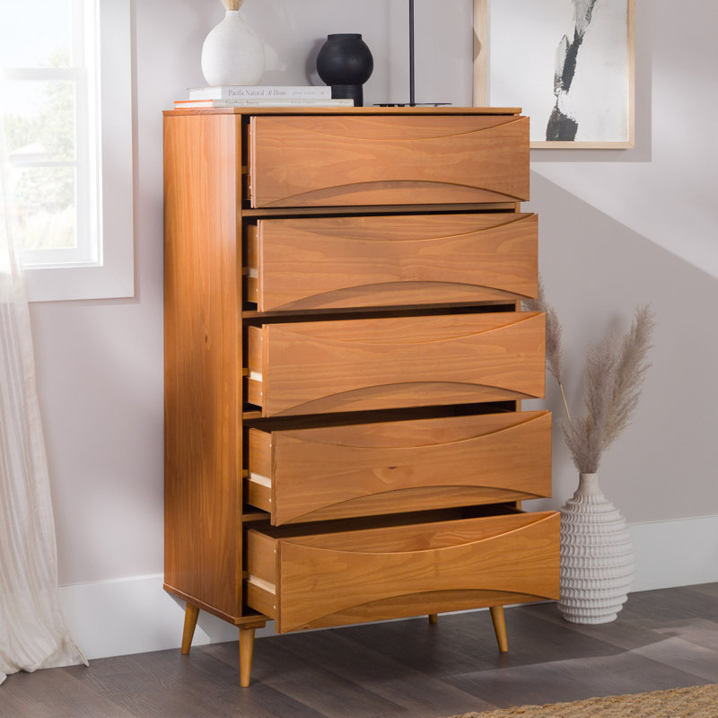 Commode en bois massif à 5 tiroirs Amoakuh, Caramel