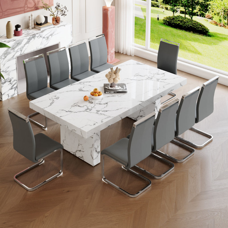 Ensemble de table de salle à manger à motif de marbre pour 10 personnes, Gris, 11 pièces: table, 10 chaises