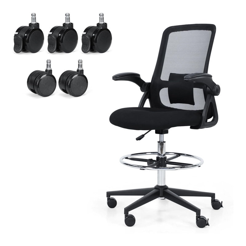 Drafting Chair For Standing Desk With Locking Casters, Tall Office Chair With Foot Ring, Adjustable Lumbar Support, 300 Lbs Capacity