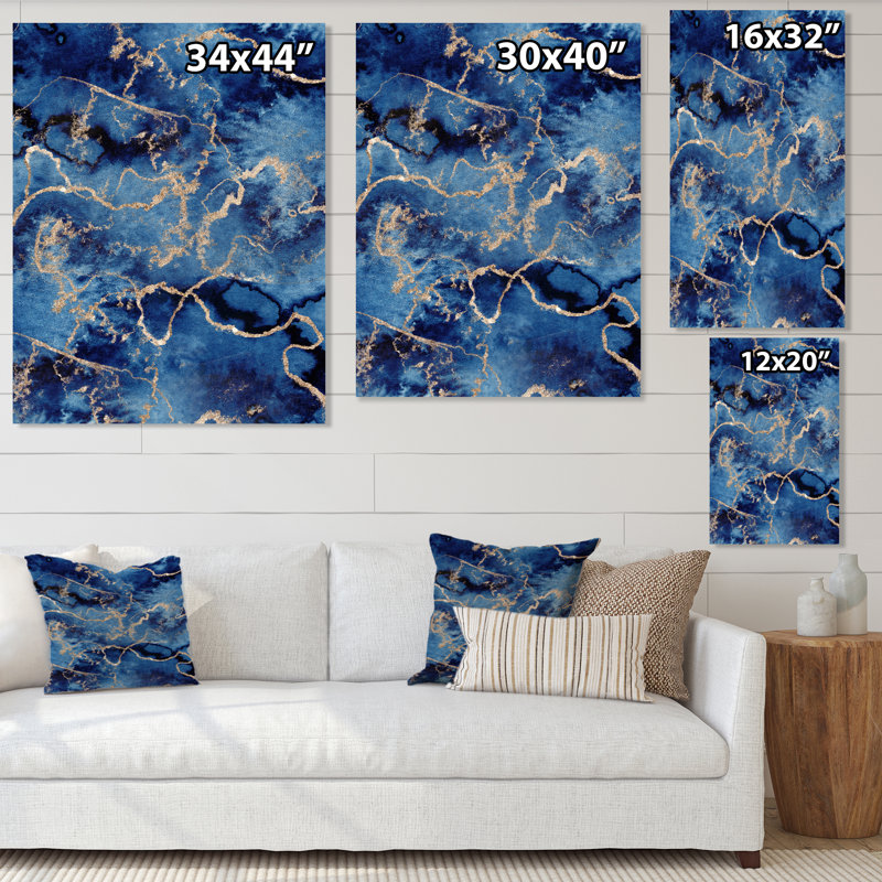 «Blue Gold Infusé liquide I», peinture sur toile, H 32 po x l 16 po, Toile tendue
