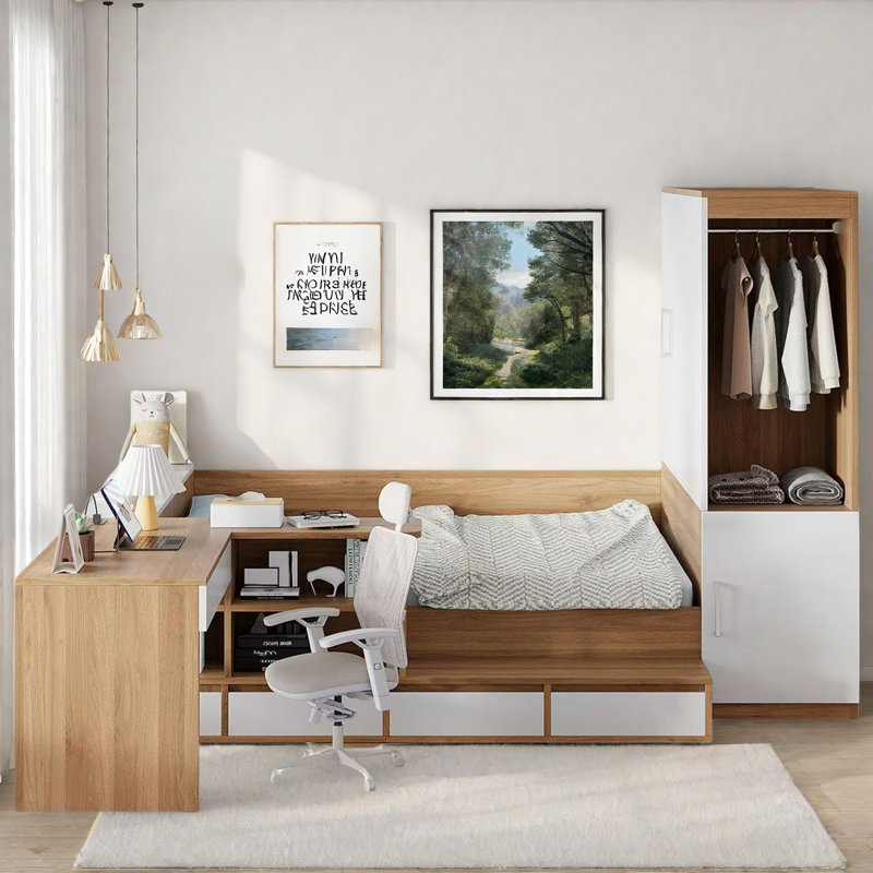 Lit plateforme en bois avec 6 tiroirs, tablettes, bureau et garde-robe, Blanc